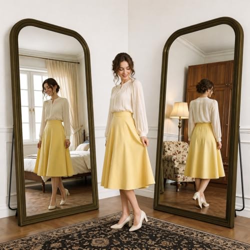 71"x32" Full Length Mirror with Stand, Arched PU Frame - color: Antique Bronze