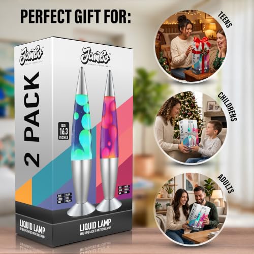 JAMBO 2 Pack- 16" Beautiful Lamp- Blue with Yellow/Green Wax and Purple with Pink Wax, Relaxing Liquid Lamp, Night Light Nightlight, Lamps for Adults Teens Kid - color: Silver Base, Blue Liquid, Yellow Wax AND Silver Base, Purple Liquid, Pink Wax