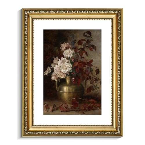 VIYYIEA Vintage Gold Framed Floral Wall Art, Bedroom Bathroom Living Room Rose Bouquet Wall Decor, Canvas Prints, Antique Picture Frame Classic Paintings Home Farmhouse Cottage Decor,11x14 Inch - color: Rose Bouquet, size: 14"L x 11"W