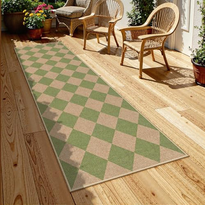 Lahome Checkered Easy Jute Hallway Runner Rug, 2x8 Outdoor Rugs Washable - color: Sage Green/Nature-2, size: 2'6" x 8' (Runner)