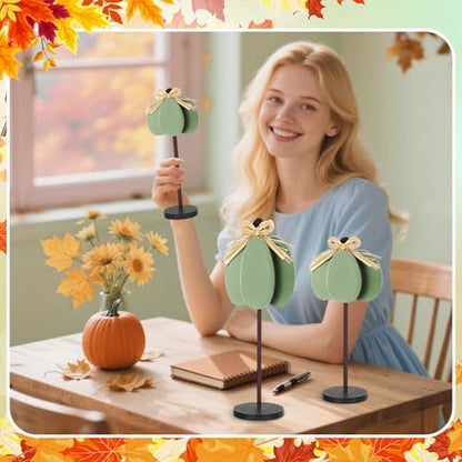 Thyle 3 Pcs Fall Pumpkin Decor, Wooden, Pale Green - color: Pale Green