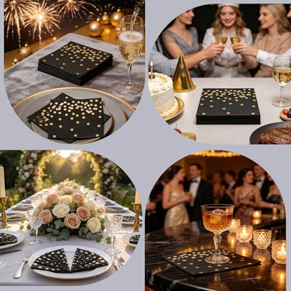 80 Pack of White Paper Cocktail Napkins with Gold Foil Polka Dot Confetti，Polka Dot Party Supplies(5 x 5 in，3-ply) (Black) - style: Black Gold Dot
