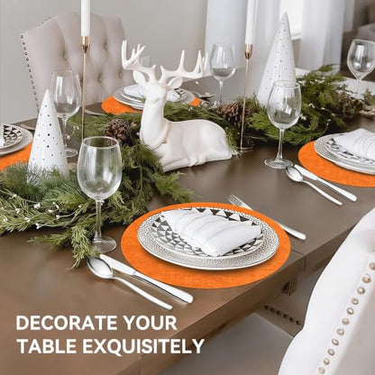 13" Round Placemats Set of 6, Reversible Faux Leather Wipeable Table Mats - color: Orange