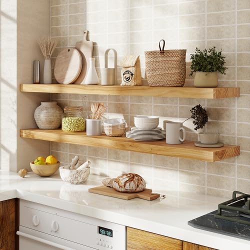 fuqing Floating Shelves for Wall, 48 Inch Rustic Solid Elm Wood Shelves - color: Natural Elm Flat Edge - 6.7"d, size: 48"L - 1Pack