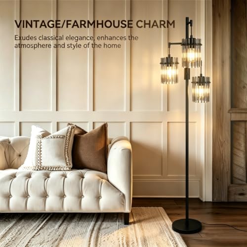 Dimmable Black Crystal Standing Farmhouse Tree Floor Lamp for Living Room - size: 66 inch Tall Black