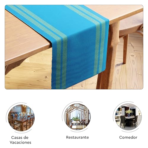 Encasa XO Table Runner, Yarn Dyed Ribbed Cotton 13"x72" - color: Ladder Turq Blue, size: 13x72 in