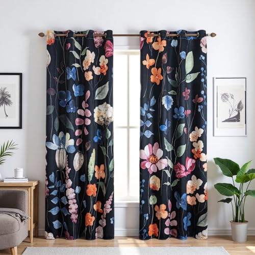 Floral Blackout Curtains 63 inch Long 2 Panel 42x63 Grommet, Colorful Multi Lush Flowers Poppy Leaves Patterned Thermal Insulated Black Out Drapes Window Treatment for Bedroom Living Room Decor - color: Black Colorful, size: 42"W x 63"L (Pack of 2)