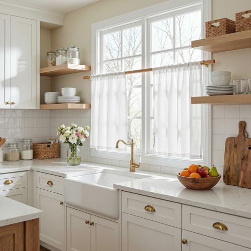 MYSKY HOME 30 Inches Long White Tiers Curtains for Kitchen Window, Semi Sheer Light Filtering Cafe Curtain Rod Pocket Short Country Decor Drapes for Bathroom/Basement, Pure White, 2 Panels, 34" Wide - color: Pure White, size: 34"W x 30"L (Pack of 2)