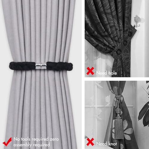 NICEEC 4 Pack Natural Cotton Rope Magnetic Curtain Tiebacks Elegant Twisted Braid Style Drape Tie Backs Soft Hand-Woven Rope Curtain Holdbacks for Home & Office Window Draperies (Black-01) - color: Black-01, size: 4 Pack