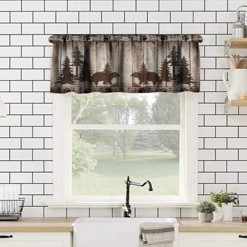 Bear Kitchen Valance, Rustic Cabin Pine Forest Wild Animal Black Bear Retro Wooden Board Window Valance for Farmhouse Bedroom Living Room,54x18in - color: Bear-12