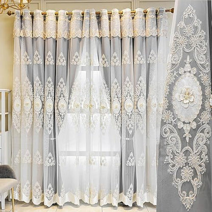 Amidoudou 1 Pair European Double Layer Curtains with Valance for Living Room Bedroom Luxury 3D Flower Embroidered Curtains (Grey,51x96 Inch) - color: Grey, size: 51"W x 96"L (Pack of 2)