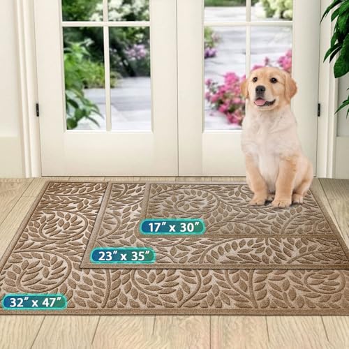Bulijojo Front Door Mat Entrance,Durable Heavy Duty Welcome Mat,Thick Absorbent Natural Rubber Non Slip Mat,Sturdy Entryway Beige 47"x32" - color: Beige, size: 2'8" x 3'11" (Leaf)