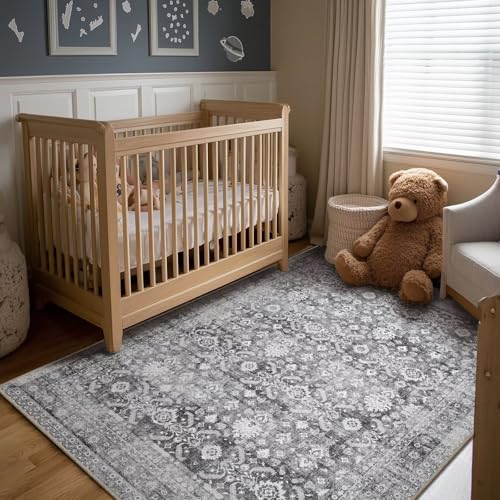 Washable 4x6 Rug, Distress Non-Slip Area Rugs, Charcoal/Grey - color: Charcoal/Grey, size: 4' x 6' (Rectangular)