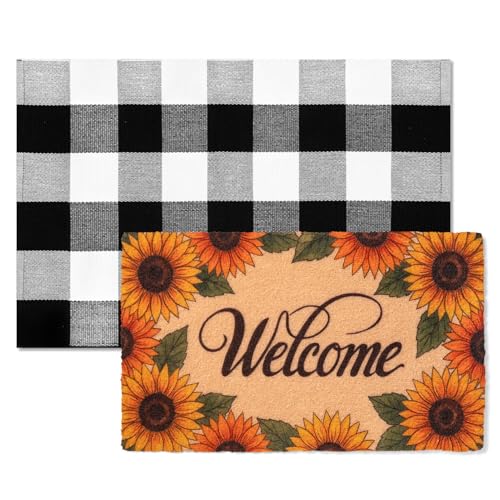 2-Piece Layered Welcome Mat Set - Coir Doormat & Buffalo Plaid Rug - color: Floral Sunflower