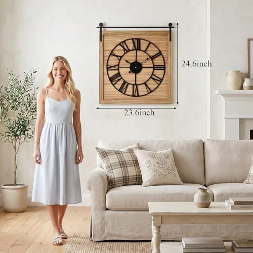 EMAX HOME 24 Inch Large Farmhouse Wall Clock, Unique Square Rustic Solid Wood Frame with Black Metal Hanging Rod, Silent Non-Ticking Quartz Movement, for Living Room, Bedroom, Kitchen - color: Brown 2, size: 24 Inch