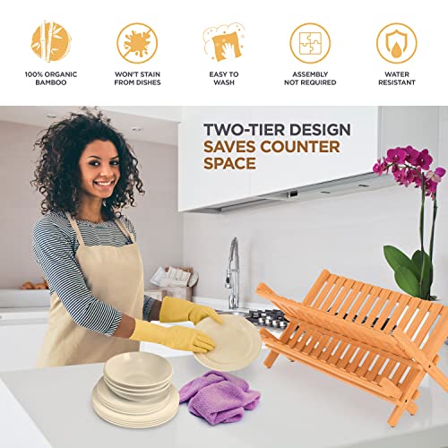 Bambüsi 2-Tier Dish Drying Rack, Bamboo Dish Drainer for Kitchen Counter - color: Natural
