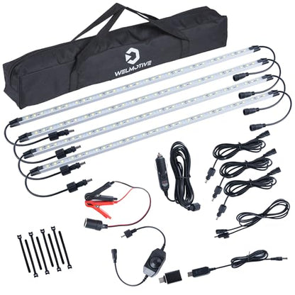 12V LED Interior Light Bar Kit, 4 Bars White Adjustable Brightness RV Camping Lights - Waterproof IP67, Magnetic & Strap Mount, Portable Lighting for Tent, Car, Trailer, Boat, Truck, Off-Road, Cabin - color: white light/silvery