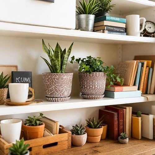 Gepege Ceramic Plant Pots, 6 Inch Indoor Planters with Drainage & Saucers - color: Brown-c, size: 6 Inch - Set of 2
