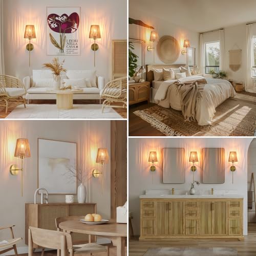 Battery Operated wall sconces Set of Two,Rattan Shade Gold with Remote Rechargeable Light Bulbs,dimmable RGB,Living Room,Bedroom,Hallway,Bathroom can be Used - color: Gold 24.4 Inch