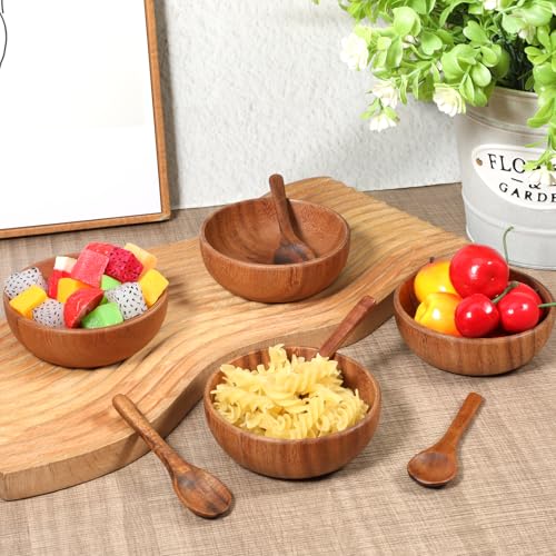 4 Pack Acacia Wooden Bowl with 4 Pcs Spoon 2.5 oz Wooden Dipping Bowls Round Wood Salad Hand Carved Calabash Dip Tray for Condiments, Jam, Nuts, Appetizer, Snack, Yogurt, Ketchup, Barbecue (3.9 Inch) - size: 3.9 Inch