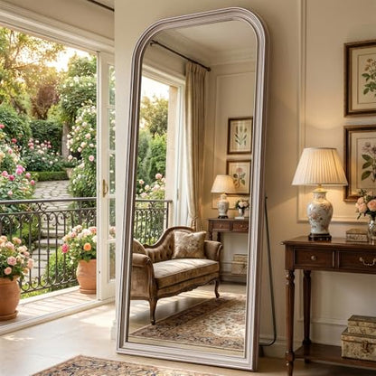71"x32" Full Length Mirror with Stand, Arched PU Frame - color: Antique Silver