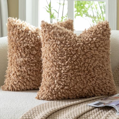 MANDIOO 2 Pieces 24x24 Inch Light Brown Faux Fur Throw Pillow Covers Boucle Decorative Sherpa Pillow Covers Thick Fuzzy Fleece Pillowcases Cushion Covers for Sofa Couch Bed Living Room - color: Light Brown, size: 24" x 24" (Pack of 2)