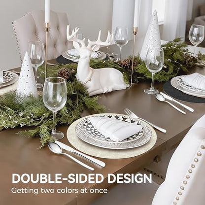 NCUE 13" Faux Leather Round Placemats Set of 4, Reversible Dual-Color - color: Deep Gray Beige