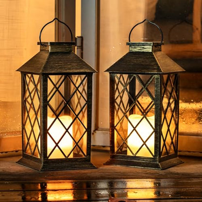 Homemory 2 Pack 13'' Copper Solar Lanterns, Flickering Flame Hanging Lights - color: Bronze