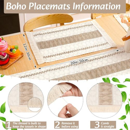 Boho Table Runner and Placemats Set, 6 Sets, Khaki A, 12x72 - color: Khaki a, size: 12x72"