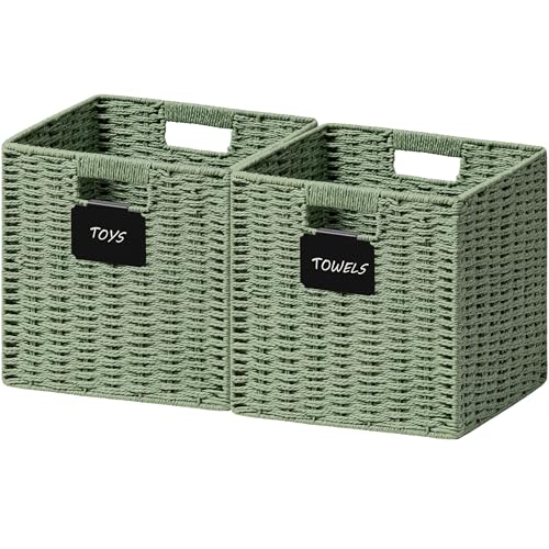 UBBCARE 2 Pack Wicker Basket, 10.5×10.5 Storage Cubes with Label, Foldable Cube Storage Bin with Handle, Square Storage Basket for Shelves, Woven Paper Rope Basket for Organizing, Green - color: Green, size: 2pack-10.5L×10.5H×9.5W