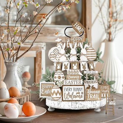 24 Pcs Easter Tiered Tray Decoration Set Easter Table Sign Farmhouse Bunny Eggs Rabbit Carrot Tabletop Centerpieces Spring Wood Blocks Signs for Spring Home Kitchen Office Holiday Party Supplies - style: Easter