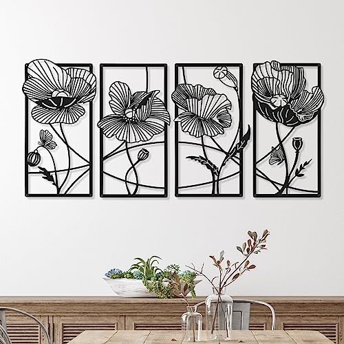 4 Pcs Black Metal Flower Wall Art Minimalist Floral Decor, Elegant - style: Elegant
