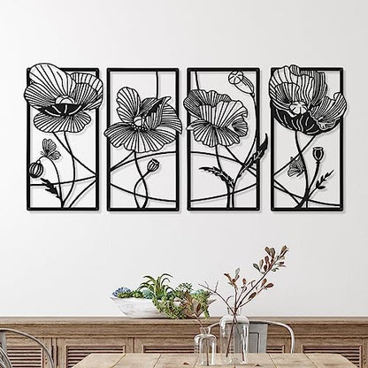 4 Pcs Black Metal Flower Wall Art Minimalist Floral Decor, Elegant - style: Elegant