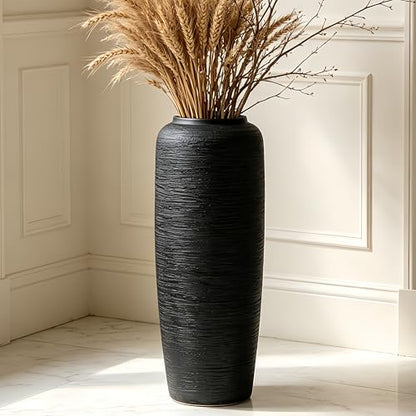 Black Rustic Ceramic Floor Vase, 19.7 Inch, Ribbed Texture - size: 19.7 Inch