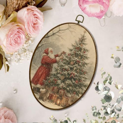 JQF Christmas Tree Santa Claus Bunny Oval Wall Decor Framed 8.5x11.5 Inch - color: christmas tree-8