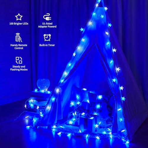 Star String Lights Plug in - 33 ft 100 LED Star Fairy String Lights with Remote and Timer, 8 Modes Waterproof for Bedroom Tent Loft Bed Window Backyard Patio Porch Balcony Staircase Party, Blue - color: Star - Blue - 33 FT