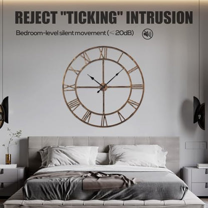 32 Inch Large Silent Wall Clock, Easy Assembly Roman Numeral Bronze - color: Bronze Metal Wall Clock, size: 32inch