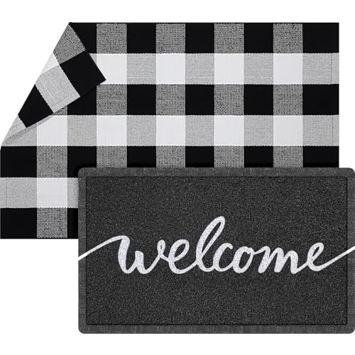 Geelin 2 Pcs Layered Welcome Doormat, Black and White Buffalo Plaid Rug Set - style: Welcome
