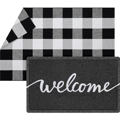 Geelin 2 Pcs Layered Welcome Doormat, Black and White Buffalo Plaid Rug Set - style: Welcome