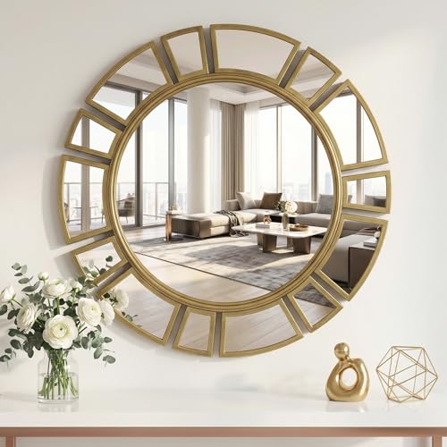 CozyDH Retro Gold Sunburst Mirror Decor - 24 inch Round Wall Mirror Decorative with Metal Frame Modern Bohemian Sun Art Decor Mirror for Entryway Bedroom Living Room Hallway Bathroom Fireplace - color: 23.6 Inch-retro Gold