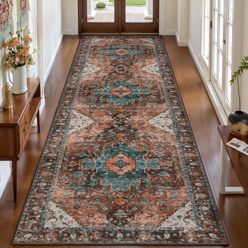 Ciicool Long 3x8ft Non-Slip Back Washable Runner Rugs for Hallways Bedside - color: Brick Red/Dull Teal, size: 3' x 8' (Runner)