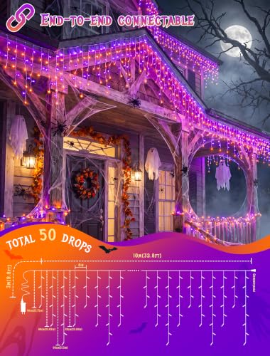 Halloween Icicle Lights Outdoor,300 LED Purple and Orange Lights - color: Orange Purple
