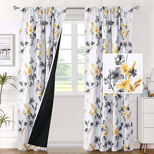 H.VERSAILTEX 100% Blackout Curtains 84 Inches for Bedroom, Grey/Yellow - color: Grey/Yellow, size: 52"W x 84"L (Pack of 2)