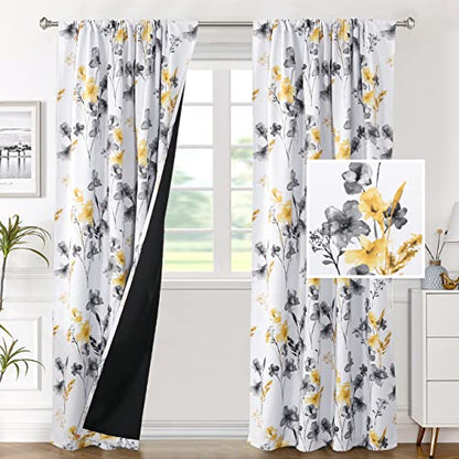 H.VERSAILTEX 100% Blackout Curtains 84 Inches for Bedroom, Grey/Yellow - color: Grey/Yellow, size: 52"W x 84"L (Pack of 2)