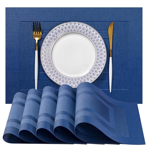 LEXMORE Placemats Set of 6 Vinyl/Plastic Woven Place Mats for Kitchen Table Indoor/Outdoor Washable Placemat Wipeable Dining Table Mats(Navy Cube) - color: G-navy Cube