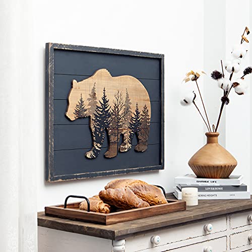 NIKKY HOME Cute Bear in The Forest Decorative Wood Framed Wall Art Prints Cabin Decor, 21" x 16", Gray - color: Bear, size: 21"L x 16"W