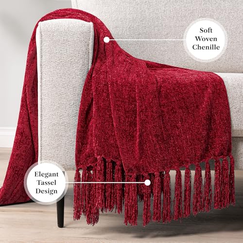 PAVILIA Chenille Throw Blanket, Knit Twin Size Tassel Throw, Wine Red 60x80 - color: Red, size: 60 X 80 Inches - Twin