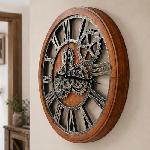 The B-Style Large Wall Clock, 24 inch, Brown and Bronze - color: Brwon With Bronze Gears, size: 24 inch (60 cm)