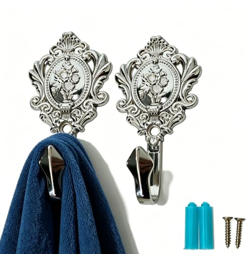 2Pcs Wall Hooks Silver Metal Rose Pattern Carved Vintage Drapery Key Hook - color: Silver