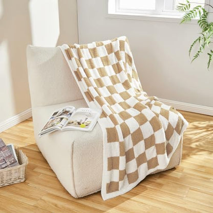 CozeCube Beige White Reversible Checkered Knit Throw Blanket 50"x60" - color: Khaki Tan, size: 50"x60"